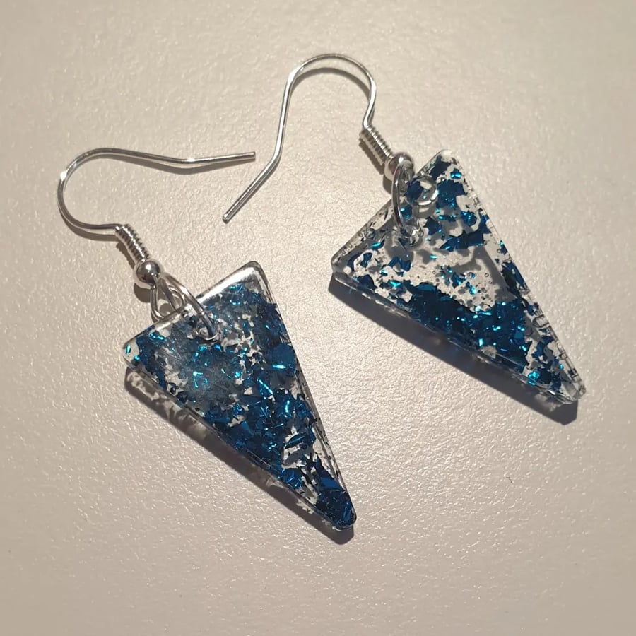 Triangle blue metallic flakes resin earrings