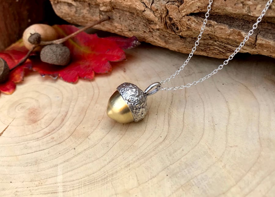 Handmade Chunky Silver & Brass Acorn Necklace