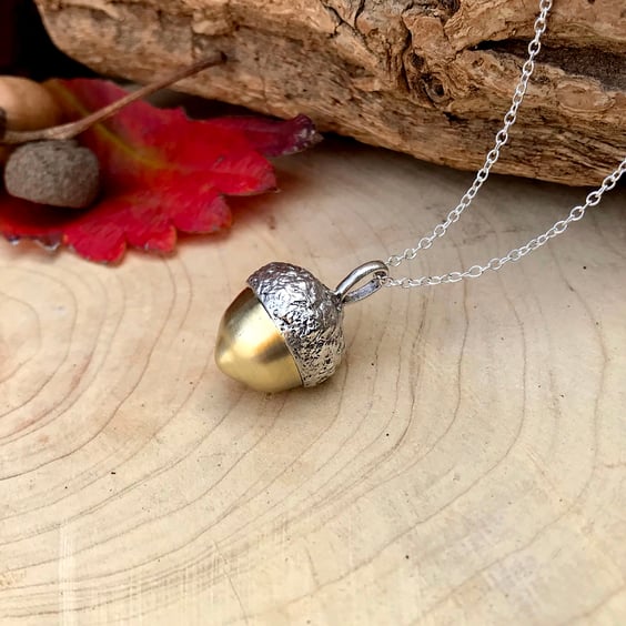 Handmade Chunky Silver & Brass Acorn Necklace