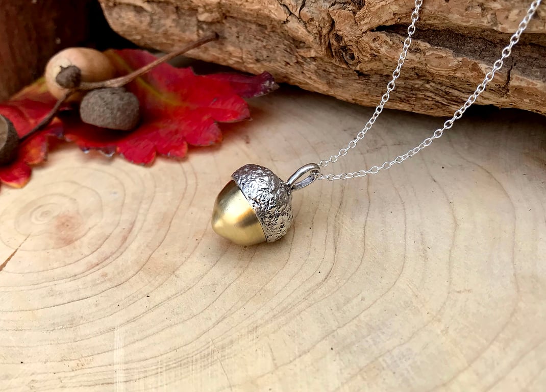 Handmade Chunky Silver & Brass Acorn Necklace
