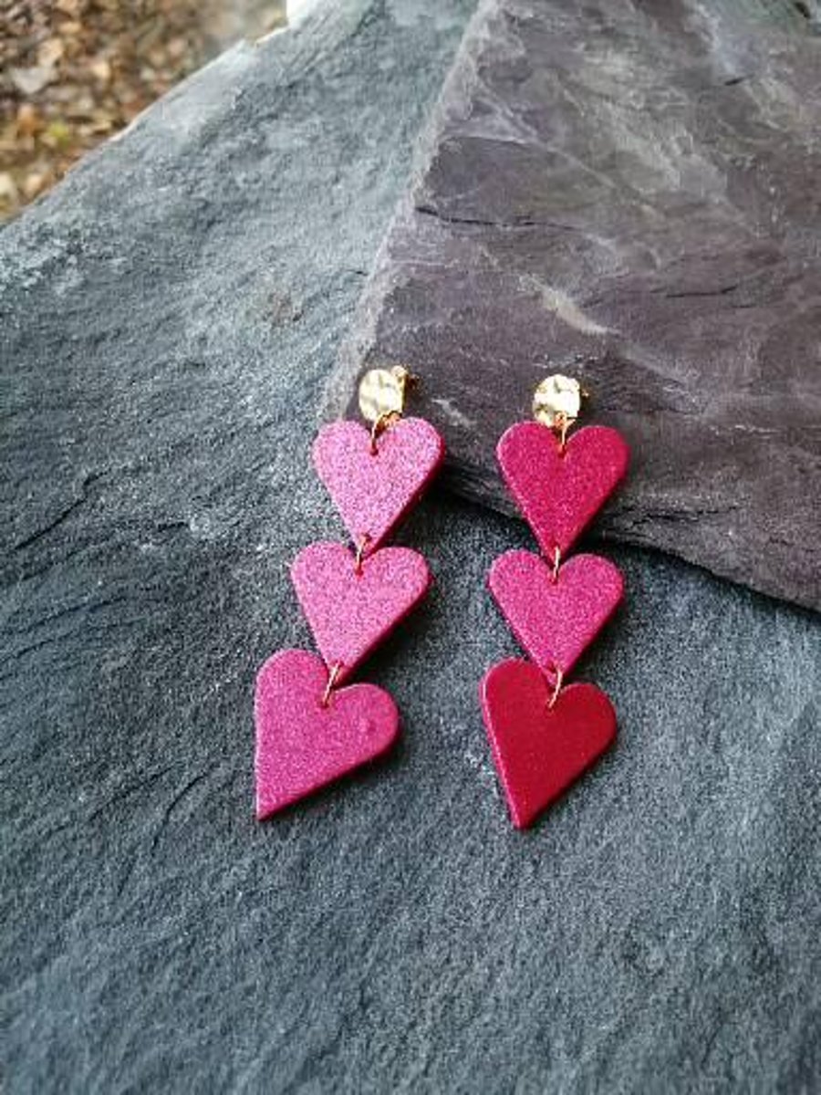 Triple heart drop earrings in pink, Valentine gift