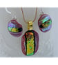 Dichroic Glass Pendant Earring Set 059 Red Copper Stripe with gold plated chain - Image 4