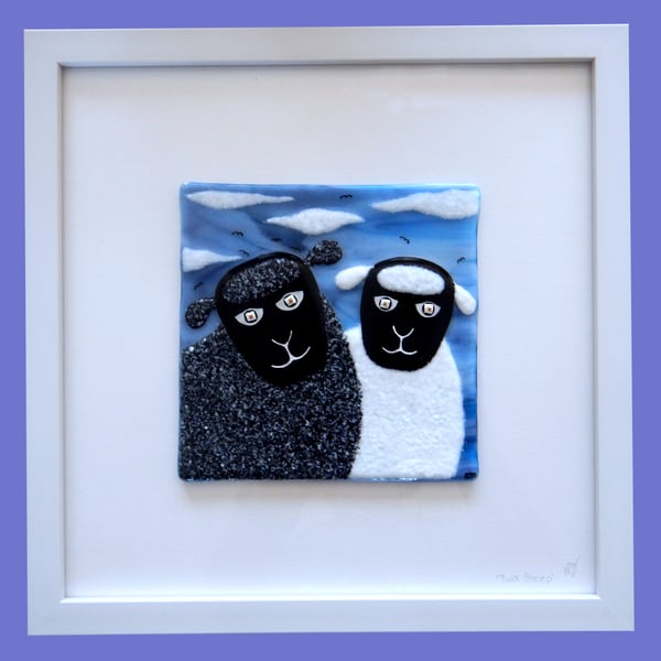 Handmade Fused Glass 'Twa Sheep' Picture