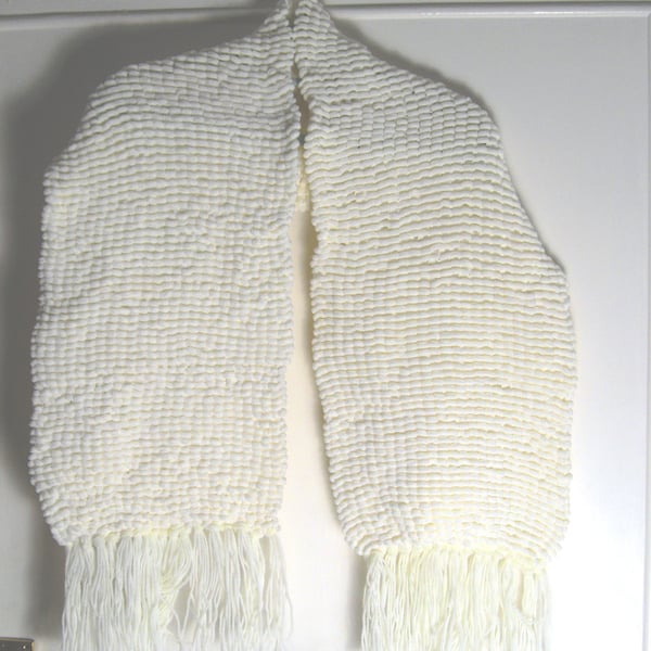 Wide Cream Pom Pom Hand Knitted Scarf - Stole - UK Free Post