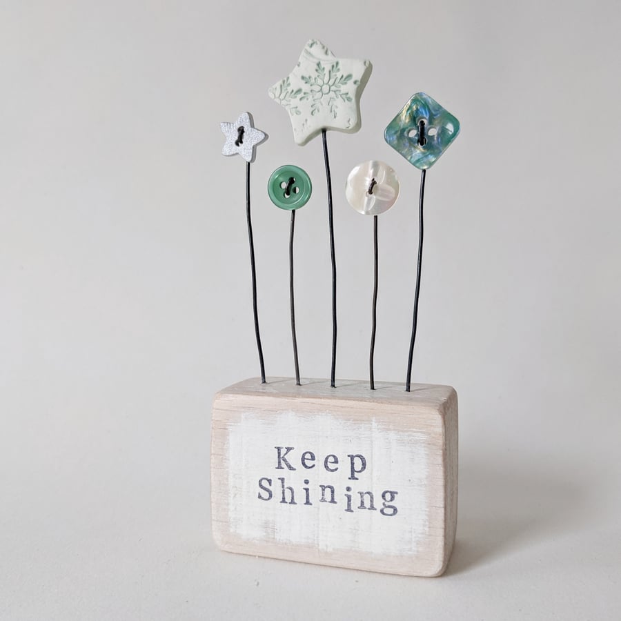 Clay Star and Buttons in a Painted Wood Block 'Keep Shining'