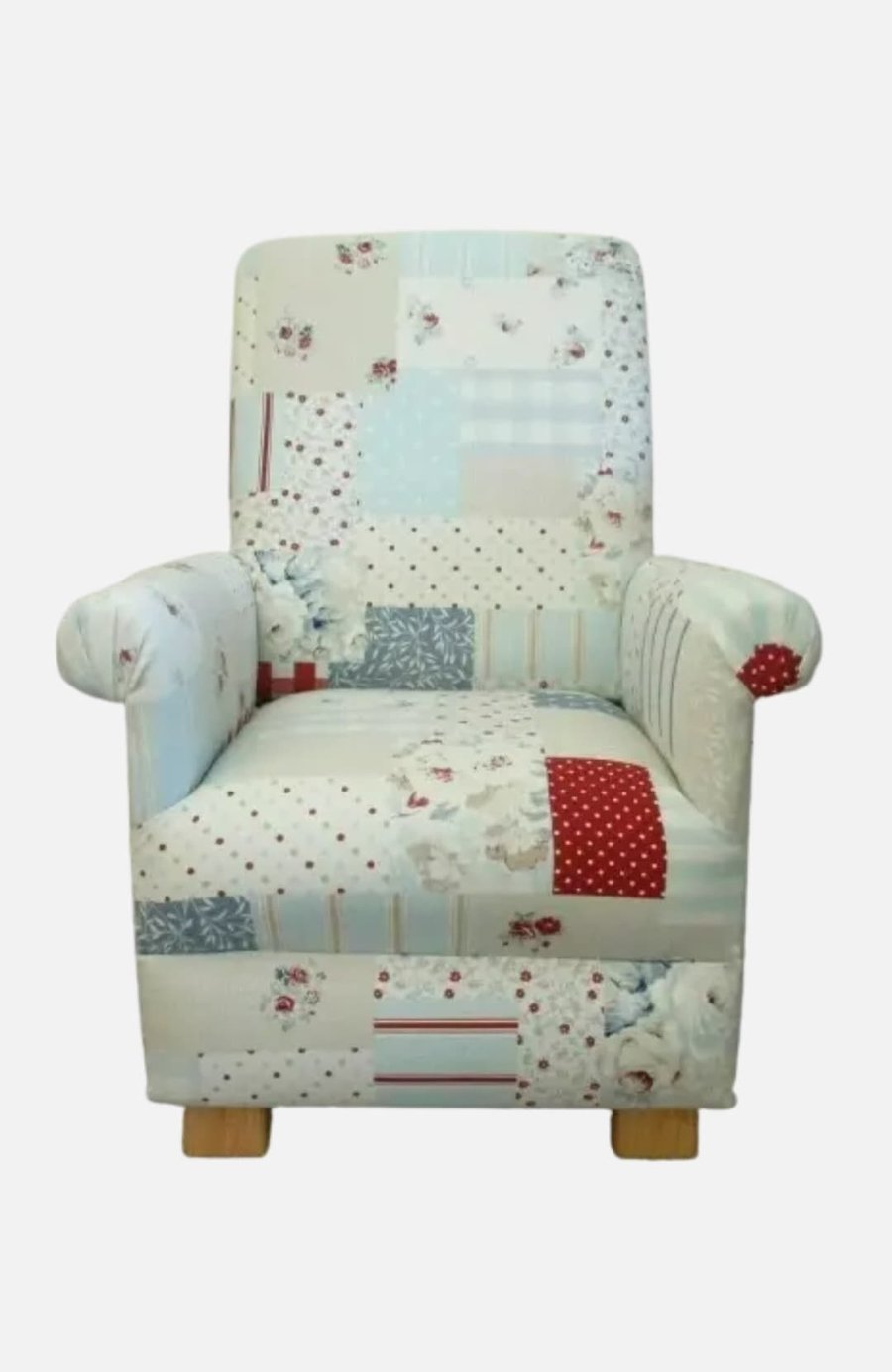 Child's Chair Vintage Patchwork Blue Fabric Kid's Armchair Gingham Spots Red