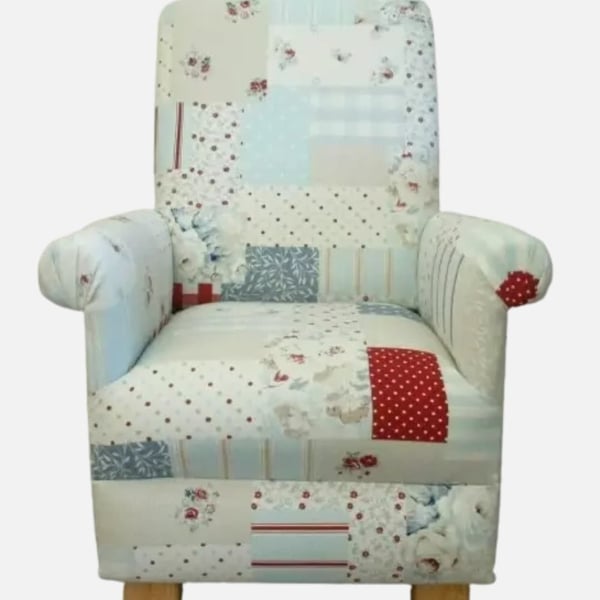 Child's Chair Vintage Patchwork Blue Fabric Kid's Armchair Gingham Spots Red