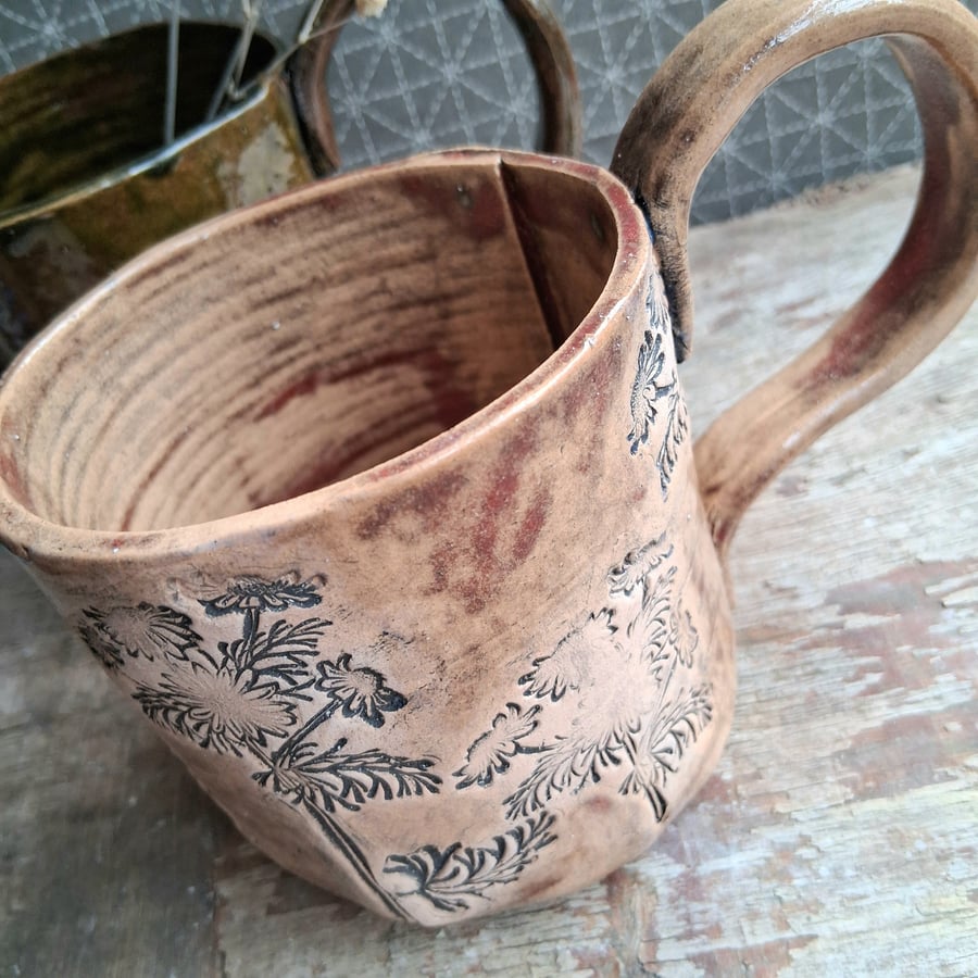 chamomile flower mug in rust  Ceramic handmade coffee mug 