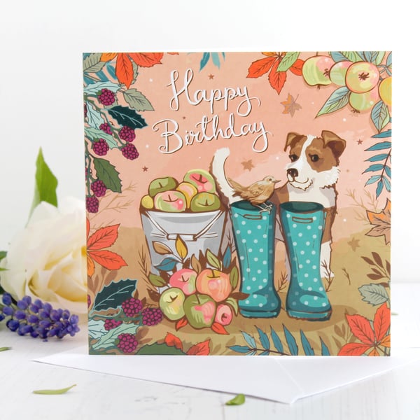 Jack Russell & Jenny Wren on Green Wellies Birthday Card
