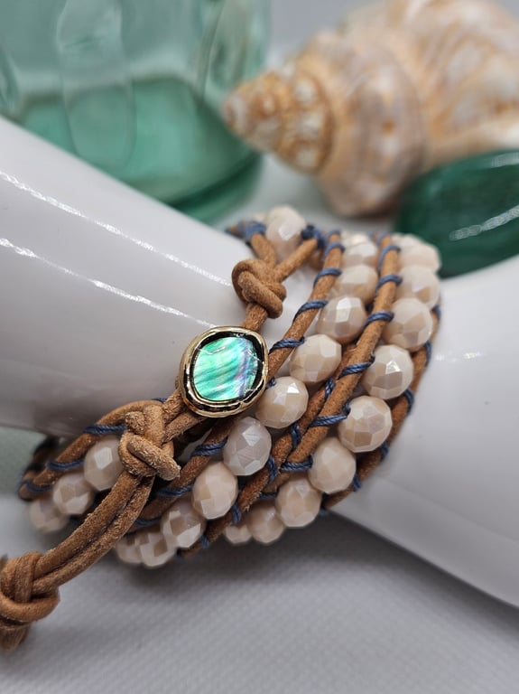 Cream leather wrap boho bracelet triple strand abalone clasp