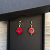 Red flower glass drop post earrings. Sterling silver 