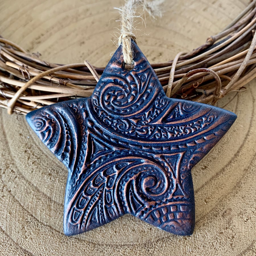 Navy Blue & Copper Paisley Embossed Clay Star Christmas Decoration, Ornament