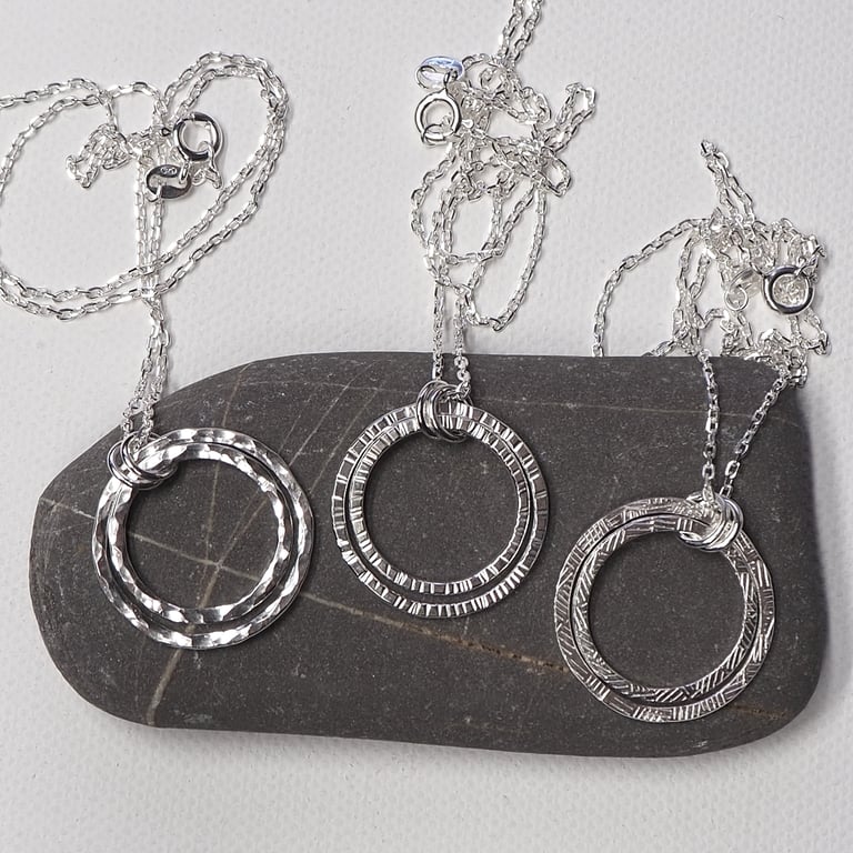 Silver hoops, Argentium Silver double ring pendant necklace, Eco silver jewelry