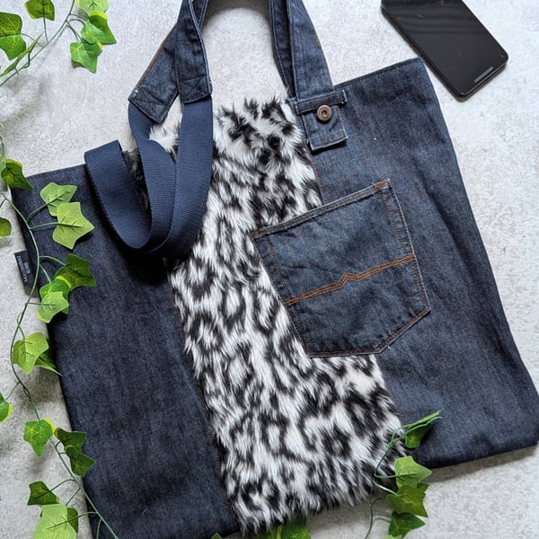 Denim XL Tote Bag. Recycled Denim and faux fur animal print Shoulder Bag
