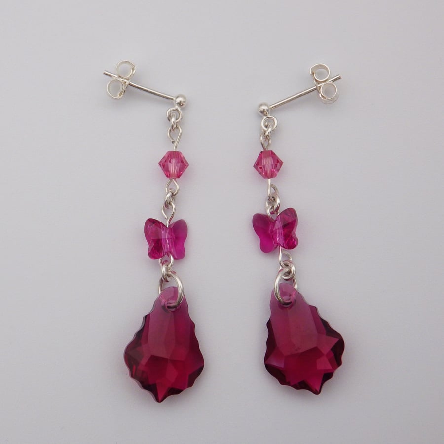 Ruby pink Swarovski baroque drop earrings with fuchsia pink butterflies