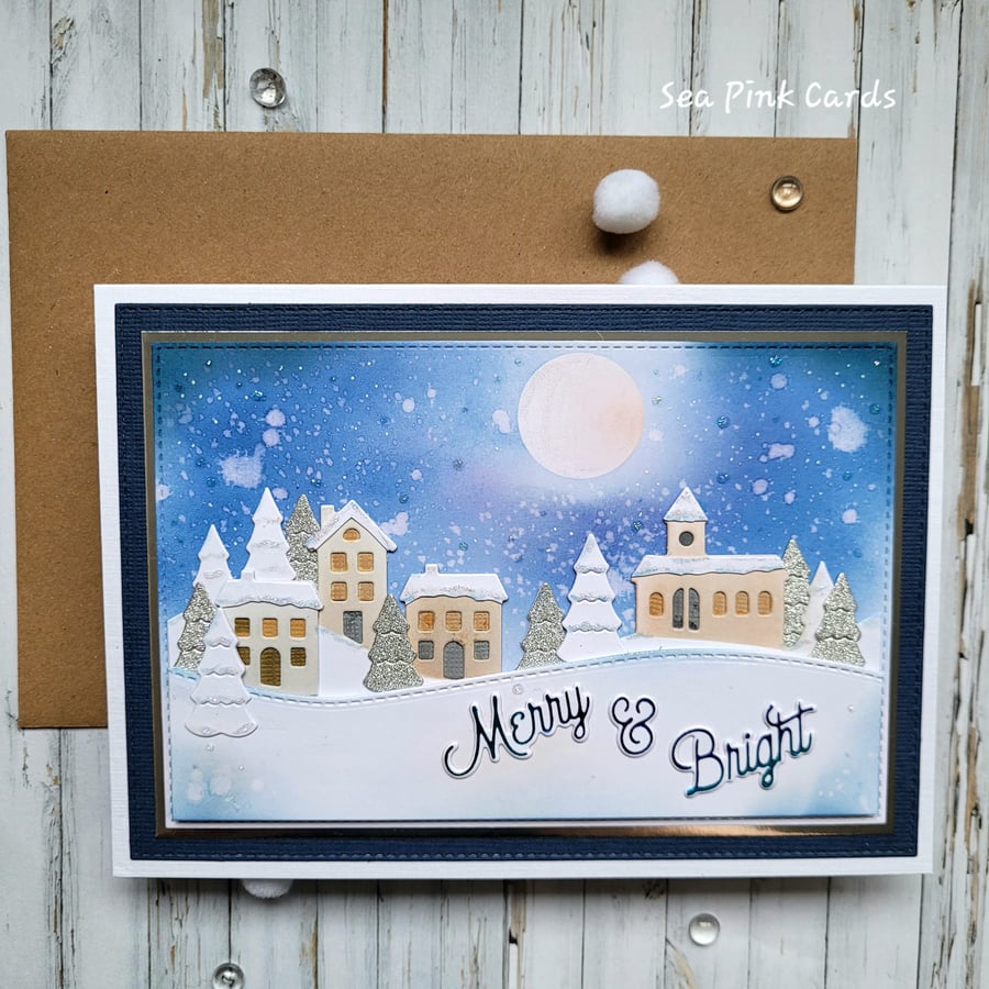 Winter Village Christmas Card - handcrafted, textured, 3D, winter sky, sparkle