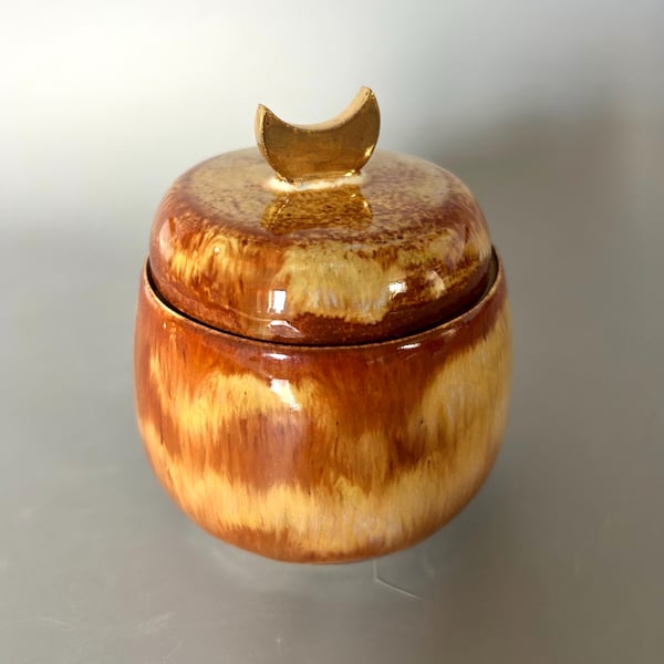 Handmade Ceramic Trinket Jar: Honey Glazed Lidded Jewelry Box with Gold Moon