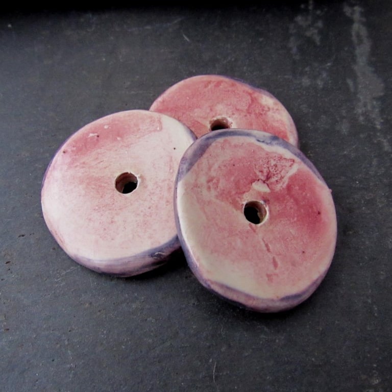 3 Extra-Large Light Pink and Purple Glazed Ceramic Disc Beads