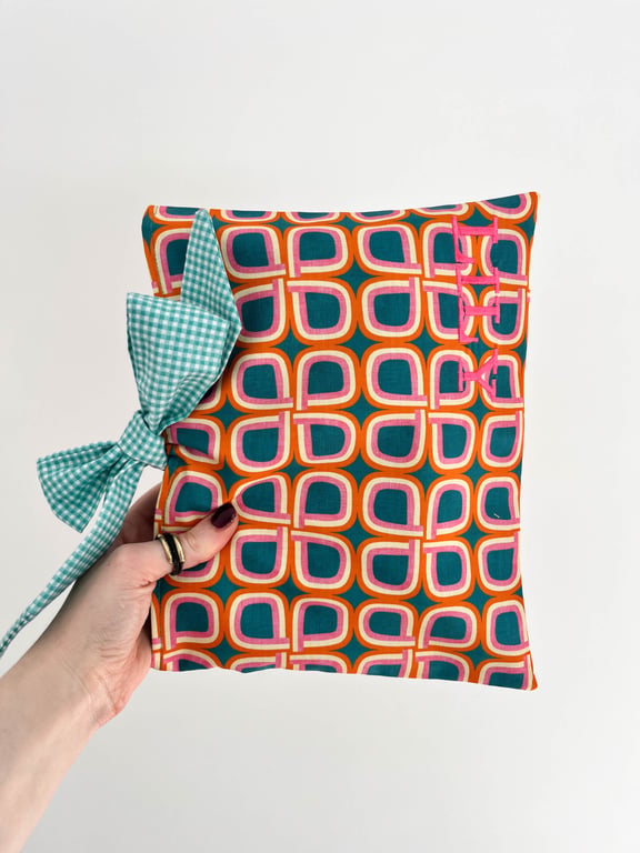 Personalised Retro Book Sleeve, Pink, Orange & Turquoise Cotton Book Lovers Gift