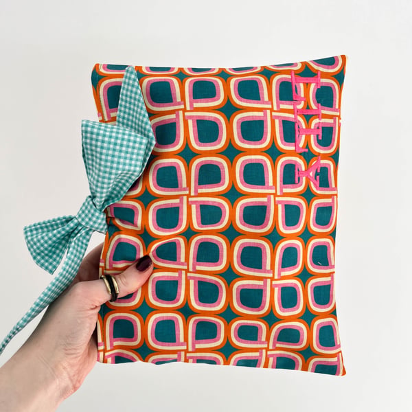 Personalised Retro Book Sleeve, Pink, Orange & Turquoise Cotton Book Lovers Gift