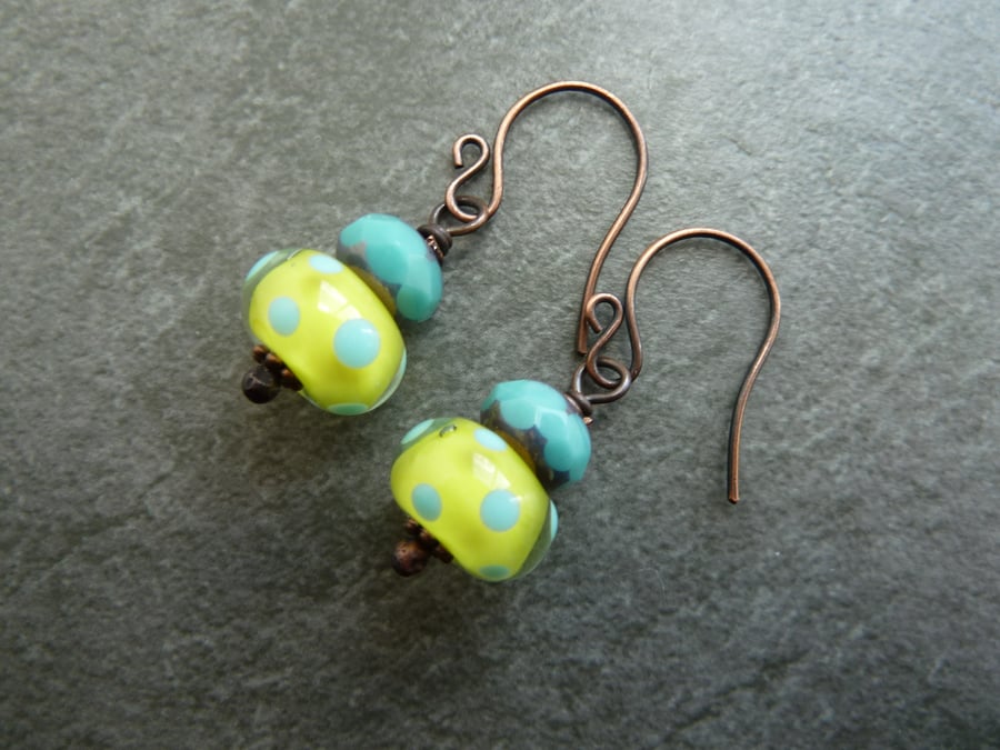 copper, turquoise and yellow lampwork glass earrings