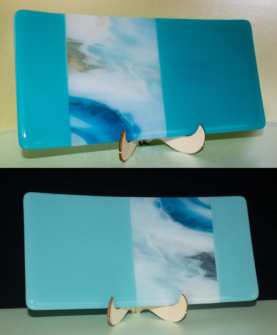 Rectangular Platter - Pale Turquoise and Streaky Blue & White Fused Glass - 9030