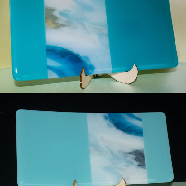 Rectangular Platter - Pale Turquoise and Streaky Blue & White Fused Glass - 9030