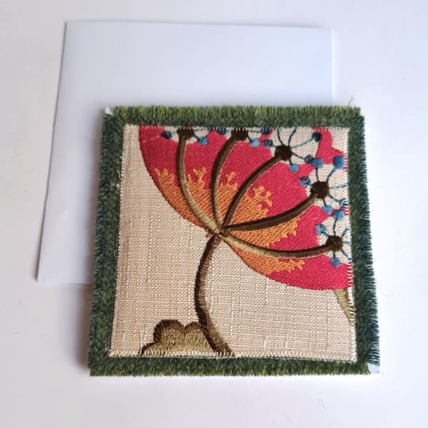 Vintage style card - upycled textiles red green floral