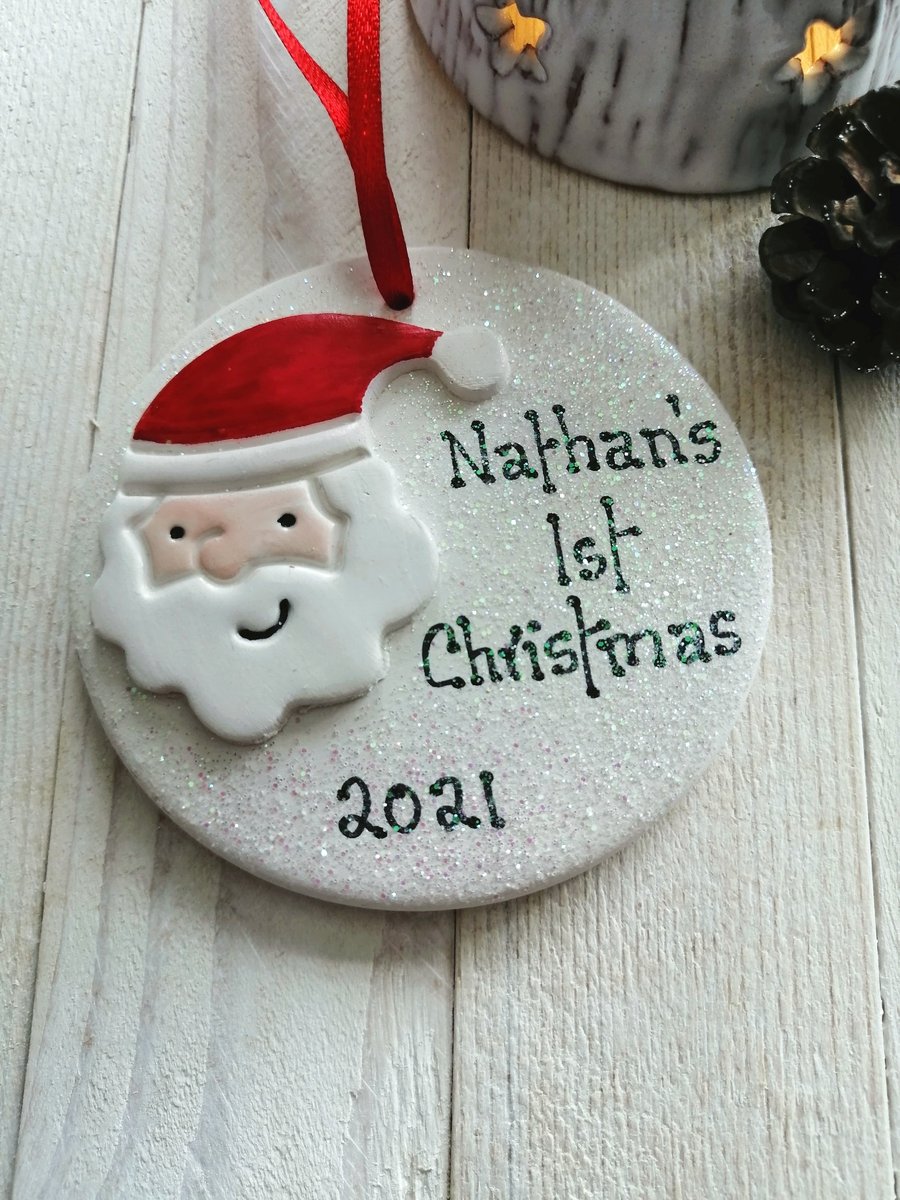 Santa Circle Personalised Ceramic- 1st Christmas