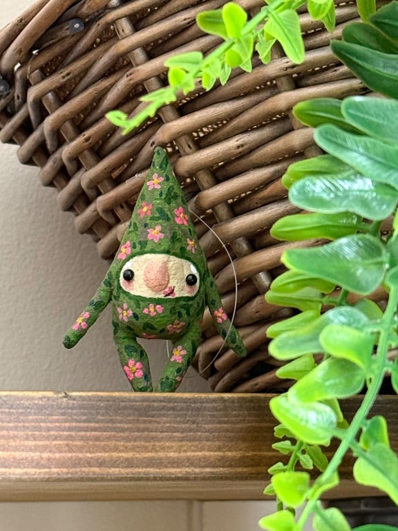 Floral Gnome Miniature Spun Cotton Art Doll
