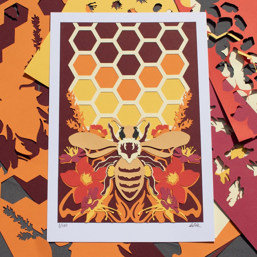 Honey Bee Papercut Art A4. Handmade & Signed Limited Edition