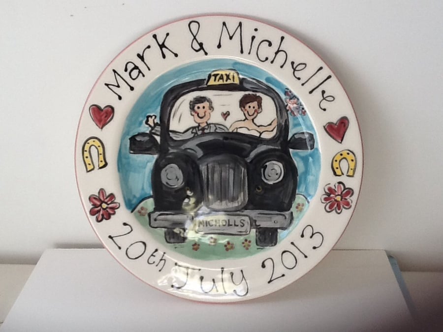 Hand painted personalised Wedding plate Black London taxi cab