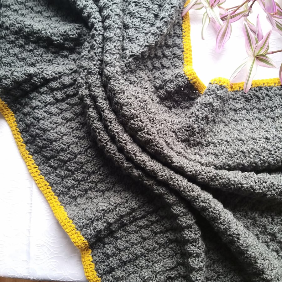 Crochet Blanket, Charcoal Grey Mustard Free P&P