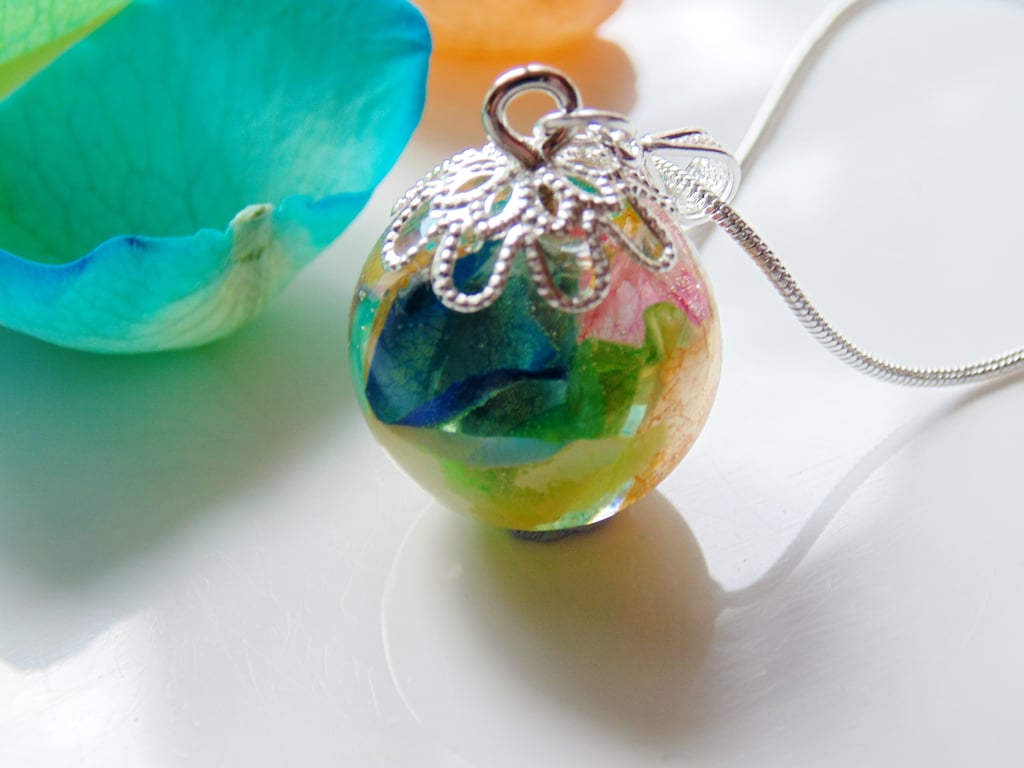 Rainbow Rose Petal Necklace, Modern, Resin Orb Pendant