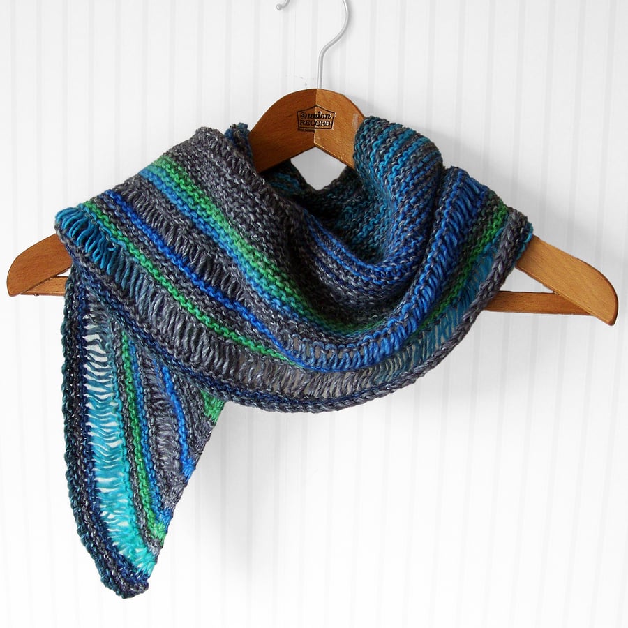 Colourful Crescent Scarf in Shades of Blue, Green and Grey