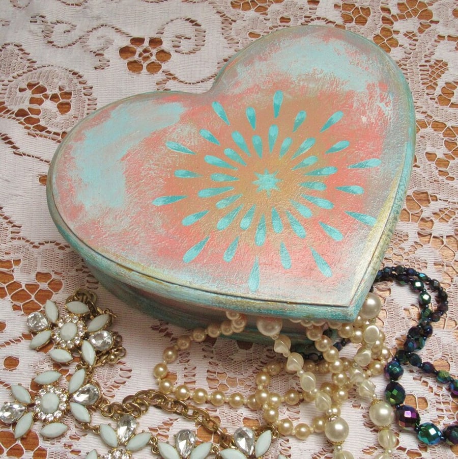 Pink Blue Hand Painted Jewellery Box Shabby Unique Upcycled Trinket Container