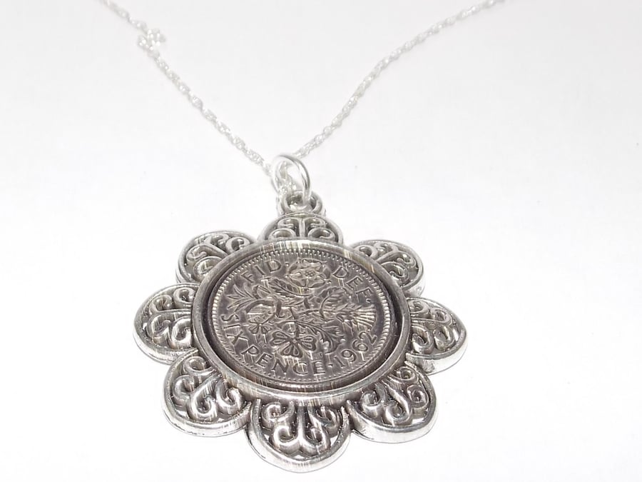 Floral Pendant 1962 Lucky sixpence 59th Birthday plus a Sterling Silver 18in Cha