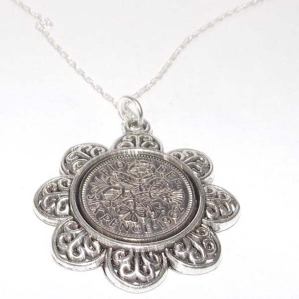 Floral Pendant 1962 Lucky sixpence 59th Birthday plus a Sterling Silver 18in Cha