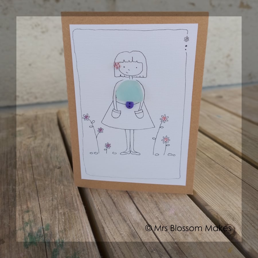 Sea Glass Greeting Card - Girl and Flowers