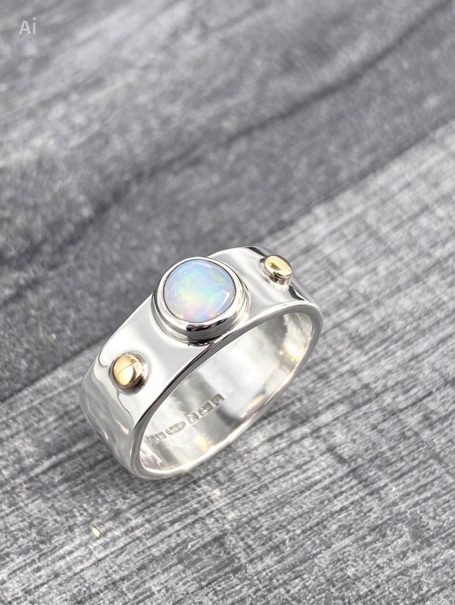 Opal Chunky Silver Ring, medieval style ring, unisex ring
