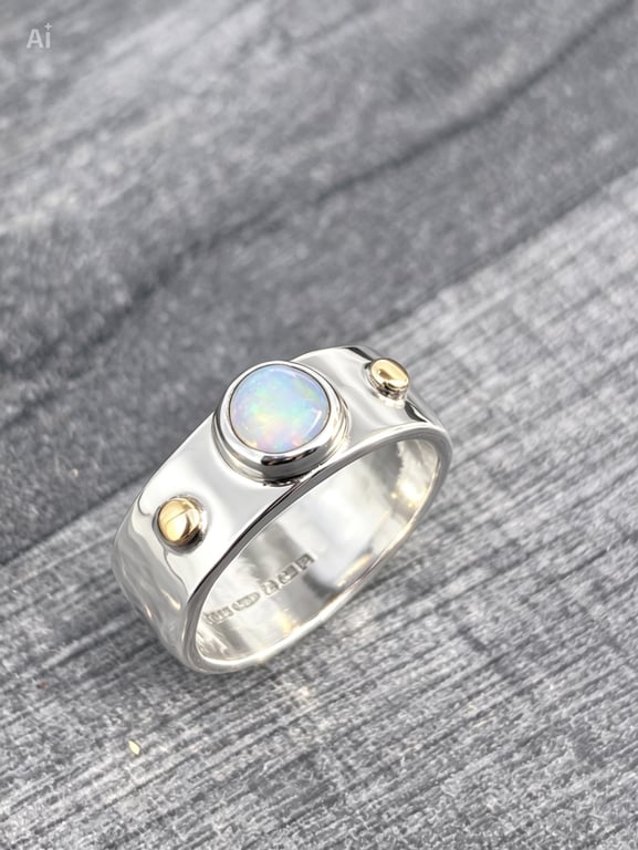 Opal Chunky Silver Ring, medieval style ring, unisex ring