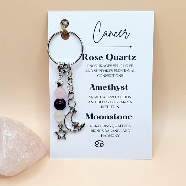 Cancer Zodiac Gemstone Keyring, Crystal Keychain, Birthday Gift Idea
