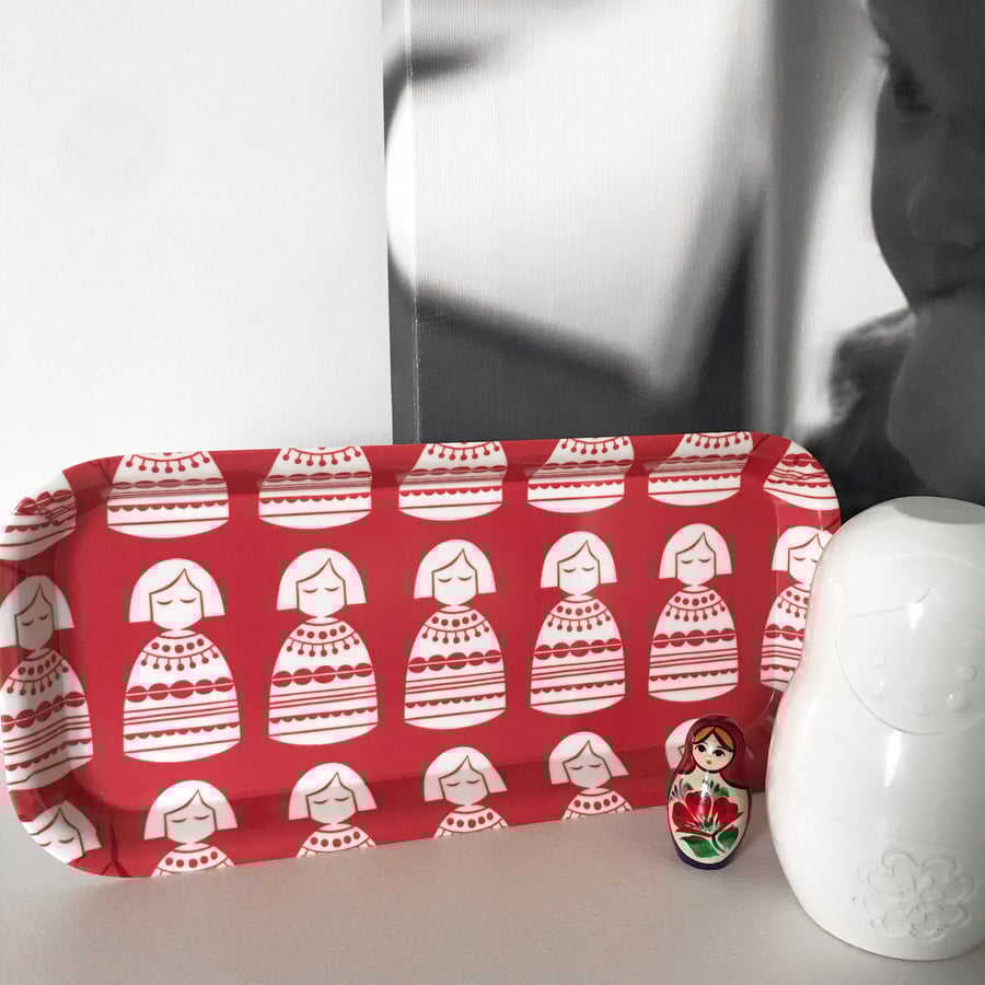 'Red Babushka' Mid Century serving tray or home office desk tidy