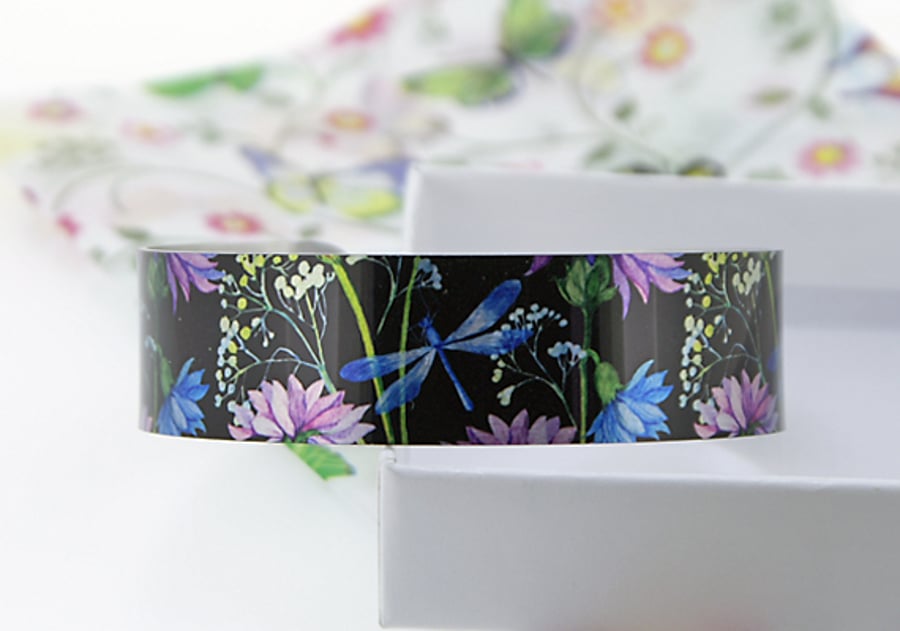 Dragonfly cuff bracelet, floral nature bangle, jewellery with dragonflies. B429