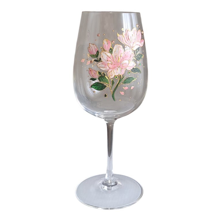 Personalised hand-painted wine glass – floral design gift