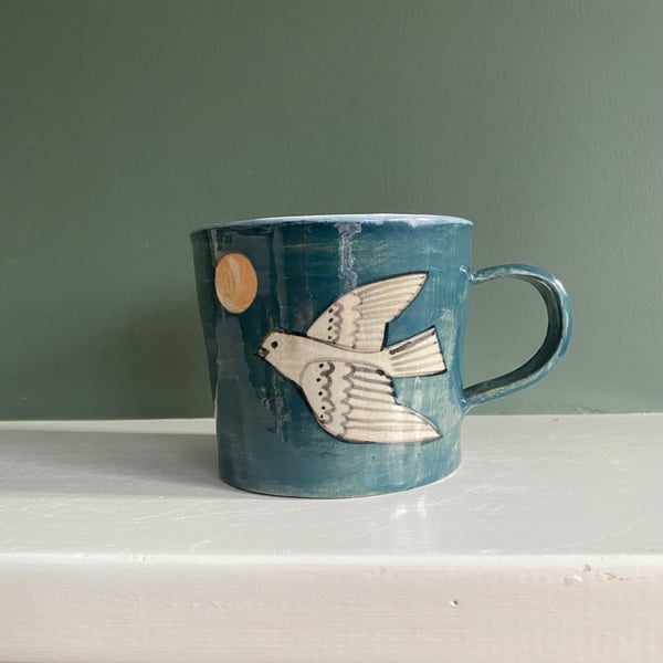 Teal Pottery Mug with Bird Design, Handmade wheel thrown pottery mug 2