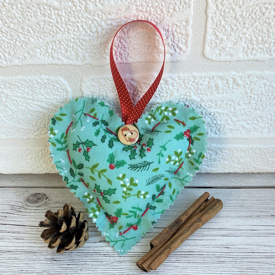SALE Mint green Christmas hanging heart decoration with holly and mistletoe