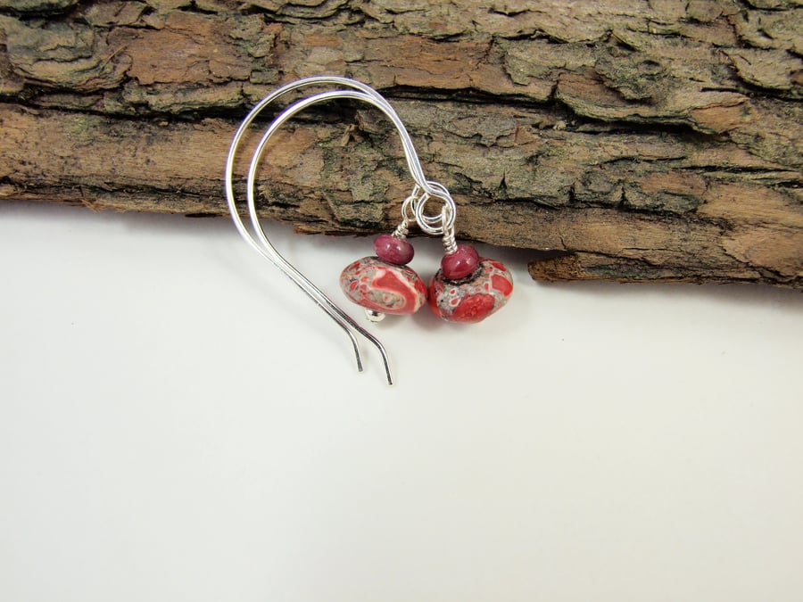 Earrings, Sterling Silver Open Hoop Drop Red Jasper and Ruby Gemstone