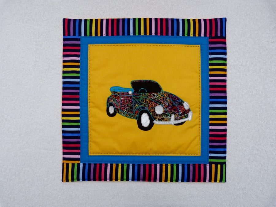 Applique and Quilted VW Cabriolet Beetle Cushion Cover in Yellow and Blue