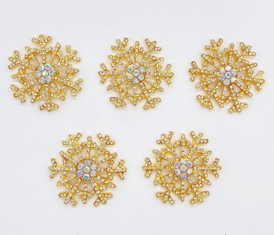 5pcs Gold Diamante Snowflake Embellishments with AB Rhinestone Centre for Christ